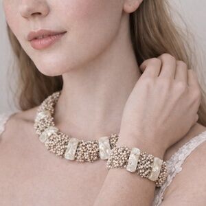 Handmade Mother-of-Pearl Beaded Necklace & Bracelet Set – Ivory, New